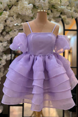 Lavender Cold Shoulder Straps Puff Sleeves Layers Homecoming Dresses