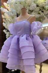 Lavender Cold Shoulder Straps Puff Sleeves Layers Homecoming Dresses