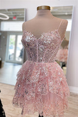 Pink Straps Sequined Multi-Layers Tulle Homecoming Dresses