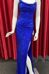 Royal Blue Lace-Up Sequins Mermaid Long Prom Dresses with Slit