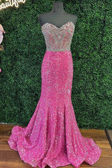 Hot Pink Sequin Rhinestones Strapless Mermaid Long Prom Dresses