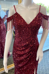 Wine Red Sequin Fringe Cold-Shoulder Long Prom Dresses with Slit