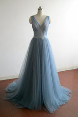 Simple gray blue tulle long prom Dresses, evening Dresses