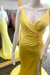 Yellow Surplice Mermaid Pleated Satin Long Prom Dresses with Slit