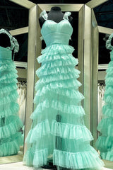 Mint Green Ruffle Straps A-line Multi-Layers Long Prom Dresses