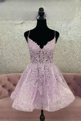 Lilac A-line Sequined Appliques Straps V Neck Homecoming Dresses