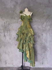 Green Asymmetrical Layered Flounce Spaghetti Strap Dresses Evening Gown