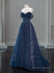 A-Line Off Shoulder Tulle Lace Dark Blue Long Prom Dress, Dark Blue Long Evening Dress