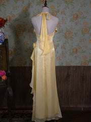 Vintage Yellow Halter Neck Floral Prom Gown Fairy Princess Dresses