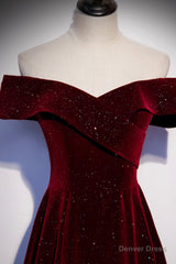 Burgundy Velvet Long Prom Dresses, Off the Shoulder Evening Dresses