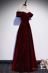 Burgundy Velvet Long Prom Dresses, Off the Shoulder Evening Dresses