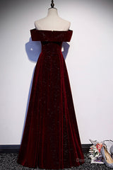 Burgundy Velvet Long Prom Dresses, Off the Shoulder Evening Dresses