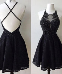 A-Line Jewel Backless Short Black Lace Homecoming Dresses 2025 with Beading