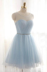 A-Line Jewel Light Blue Tulle Short Homecoming Dresses 2024 with Beading Pleats