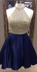 A-Line Jewel Navy Blue Satin Short Homecoming Dresses 2024 with Beading