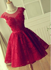 A-Line Jewel Cap Sleeves Red Lace Short Homecoming Dresses 2025 with Beading