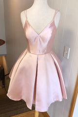 V Neck Straps Short Pink Homecoming Dresses