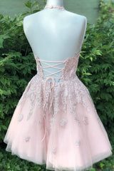 Halter Lace Appliques Pink Homecoming Dresses with Lace-Up Back