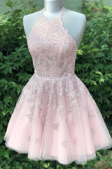 Halter Lace Appliques Pink Homecoming Dresses with Lace-Up Back