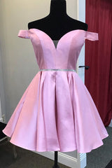 Beaded Waist Off the Shoulder Pink Homecoming Dresses