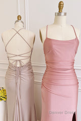 Dusty Pink Satin Lace-Up Sheath Long Bridesmaid Dress with Slit