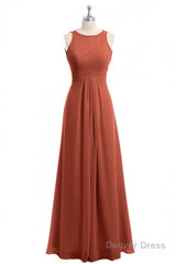 Rust Orange Crew Neck Backless A-Line Long Bridesmaid Dress