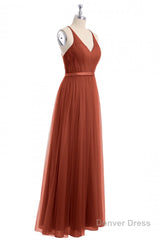 Rust Orange V-Neck Backless A-Line Long Bridesmaid Dress