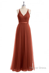 Rust Orange V-Neck Backless A-Line Long Bridesmaid Dress