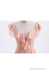 Peach Ruffles A-lline Chiffon Long Bridesmaid Dress with Tie Back