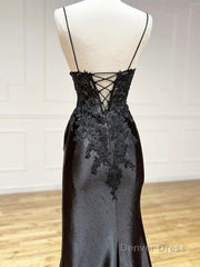 Dark Blue V Neck Satin Lace Long Prom Dress, Dark Blue Lace Long Evening Dress