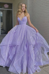 Princess Lavender Tiered Spaghetti Straps Long Prom Dresses