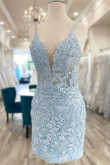 Light Blue Appliques Plunge V Short Homecoming Dresses