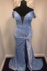 Blue Sequin Off-the-Shoulder Twist-Front Mermaid Long Prom Dresses