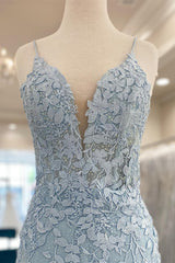 Light Blue Appliques Plunge V Short Homecoming Dresses