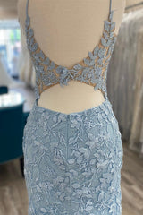 Light Blue Appliques Plunge V Short Homecoming Dresses