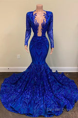 Hot Sparkle Royal Blue Sequin Long sleeves Mermaid Prom Dresses