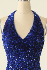 Royal Blue Sequin Halter Open Back Short Homecoming Dresses