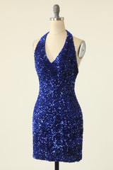 Royal Blue Sequin Halter Open Back Short Homecoming Dresses