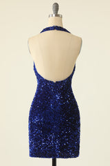 Royal Blue Sequin Halter Open Back Short Homecoming Dresses