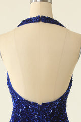 Royal Blue Sequin Halter Open Back Short Homecoming Dresses