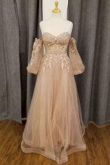 Champagne Tulle Lace Sweetheart A-Line Prom Dresses with Puff Sleeves