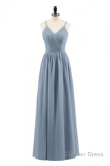 Dusty Blue Chiffon Cutout Back A-Line Long Bridesmaid Dress