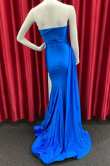 Royal Blue Cowl Strapless Mermaid Satin Long Prom Dresses with Slit