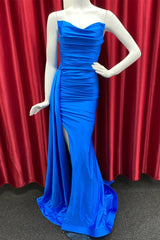 Royal Blue Cowl Strapless Mermaid Satin Long Prom Dresses with Slit