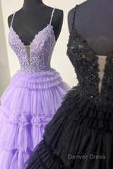 Lilac Floral Layers Spaghetti Straps Lonh Prom Dress