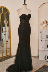 Black Strapless Appliques Mermaid Long Prom Dresses with Slit