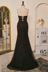 Black Strapless Appliques Mermaid Long Prom Dresses with Slit