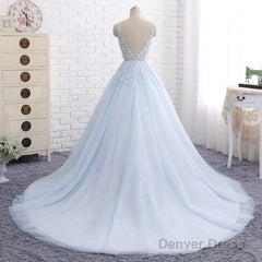 Ball Gown Chapel Train V Neck Sleeveless Backless Appliques Prom Dresses