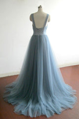 Simple gray blue tulle long prom Dresses, evening Dresses