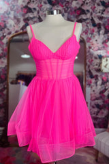 Hot Pink Deep V Neck Straps A-line Tulle Homecoming Dresses